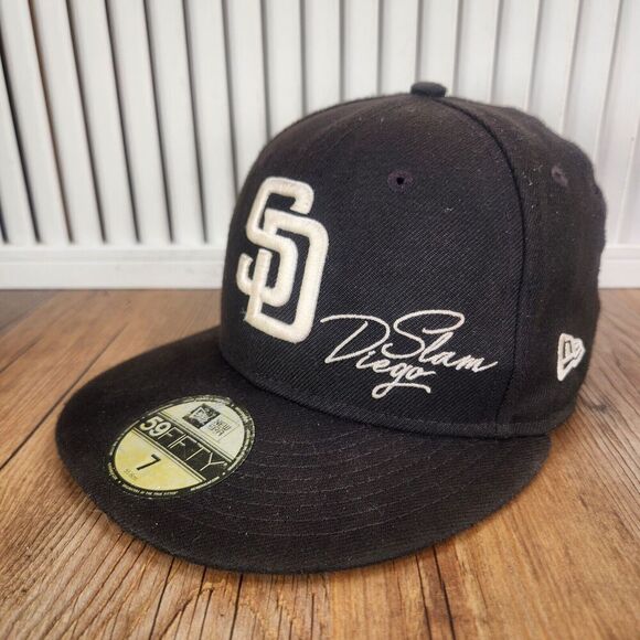 New Era 59fifty San Diego Padres Fitted 7" Hat Cap Black Beach Palm Summer MLB - Picture 1 of 11